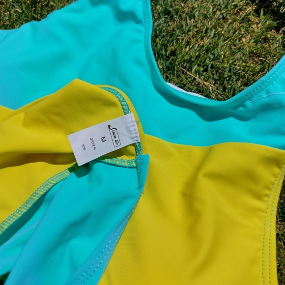 Juan Uc Womens Neon Bright Teal & Green Halter Two Piece Swimsuit Medium - Picture 4 of 5